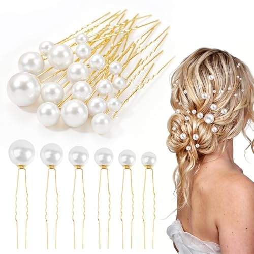36 Stück Perlen Haarnadeln U-Förmige, Elegante Haarperlen Haarnadeln, Romantischer Braut Haarschmuck für Feier, Hochzeit und Alltag, Gold (6 Größen)