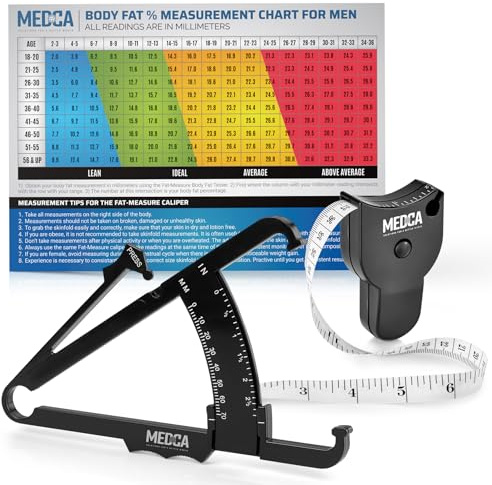 MEDca Body Fat Caliper and Measuring Tape - Skinfold Calipers and Body Fat Tape Measure Tool for Accurately Measuring BMI and Weight-Loss, Black
