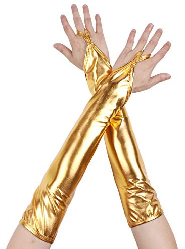 Freebily Glänzend Fingerlose Handschuhe Metallic/Fischschuppen gedruckt Armstulpen Silberne Handschuhe Gogo Party Kostüm Zubehör Nachtclub Clubwear A Gold One Size