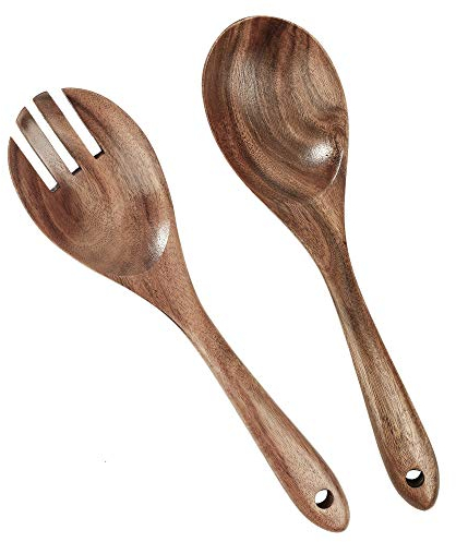 Salatbesteck Holz Löffel Gabel, Holzbesteck Salatgabel Salatlöffel Küchenhelfer, Handgemacht Besteck Geschirr Mischen für Salat, Pasta, Obst, Küchenutensilien (2er Set)