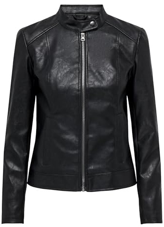 JDY Damen Kunstlederjacke Reißverschluss Hochgeschlossen Gesteppte Details Langarm, Farben:Schwarz, Größe:34