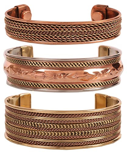 Touchstone Indiskt handgjort magnet-koppararmband, chakrasmycke, present till honom eller henne. Set med 3, 0.75 inch, Ingen ädelsten