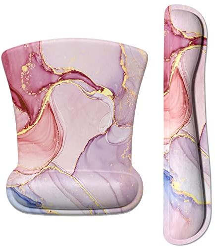 ITNRSIIET Gaming Mousepad mit Handauflage, Maus und Tastatur Handballenauflage-Set, Mauspad Ergonomisches mit Memory Foam Lycra-Stoff und PU-Basis, für Laptop und PC, hübscher rosa Marmor