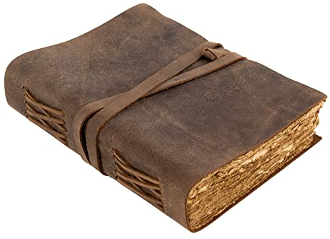 moonster Vintage Leder Notizbuch, 240 Seiten Holzfreies Baumwoll-Büttenpapier, Deckle Edge Journal, Tagebuch Leder, Skizzenbuch, Leeres Buch, Deko Buch Vintage, Gästebuch Leder - 18x13cm