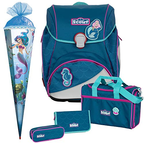 Mermaid - Meerjungfrau - Scout Alpha mit Funny Snaps Schulranzen-Set 5tlg. - SCHULTÜTE GRATIS DAZU, B 32xH 40xT 25 cm, Blau