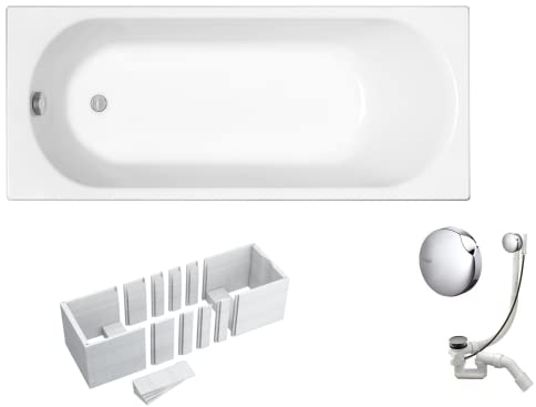 VBChome Badewanne 140x70 cm Acryl SET Wannenträger Siphon Wanne Rechteck Weiß Design Modern Styroporträger Ablaufgarnitur in Chrom