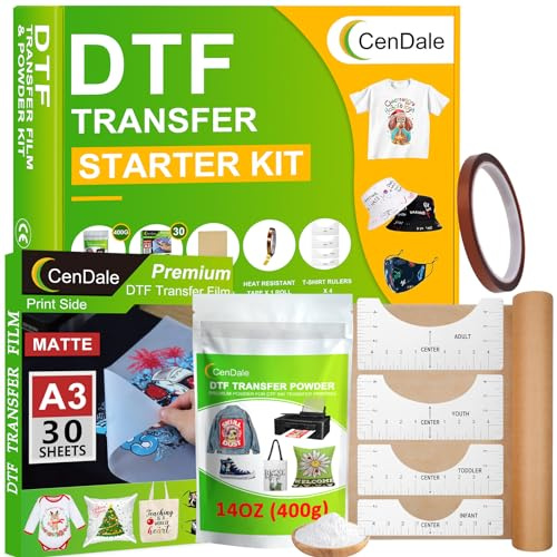CenDale DTF - Kit de película de transferencia en polvo, 30 hojas de película A3 DTF para sublimación, polvo DTF medio blanco de 14 onzas, kit de inicio DTF para impresora DTF/sublimación, papel DTF