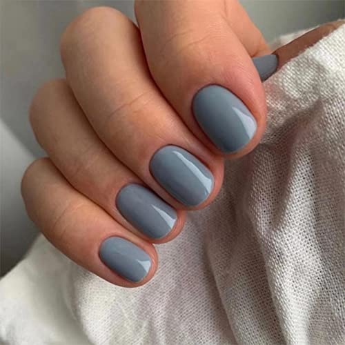 24 unghie finte corte grigie blu attaccate sulle unghie piccole a pressione sulle unghie rimovibili in acrilico copertura completa colla su unghie finte accessori per nail art per donne