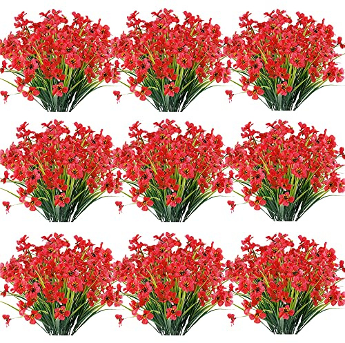 JEMONG Künstliche Blumen für den Außenbereich, UV-beständig, kein Verblassen, Kunstpflanzen, Garten, Veranda, Fenster, Box, Dekoration, Dunkelrot, 30 Bündel