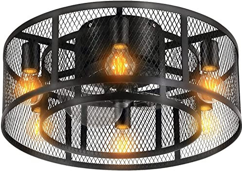 Ventilatori Da Soffitto Silenziosa Con Illuminazione e Telecomando Plafoniera Gabbia in Retrò Fan Ceiling light industrial Vintage Ventilatore da Soffitto con Luce (I 54 * 54 * 23cm E27)