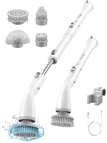 HiCOZY Elektrische Reinigungsbürste 400 U/min,kabellos Spin Scrubber mit verstellbarem Verlängerungsarm&4 Austauschbaren Bürstenköpf,hält 2h mit Einer Aufladung,geeignet für Bad,Fliesen,Küche, Weiß