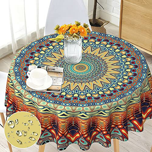 G-dake Round Tablecloth Washable 150cm, Boho Circular Tablecloth Water Resistant Wrinkle Free Mandala Polyester Table Cloth Decorations for Garden Party Dinner Indoor and Outdoor 60 inch