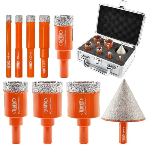 BGTEC Diamantbohrer-Set Fliesenbohrer 9-teilig für Keramik, Porzellan, Marmor, Granit - 6/8/10/12/20/25/32/35mm + 50mm Senkbohrer - Vakuumgelötete Bohrkrone, Runder Schaft