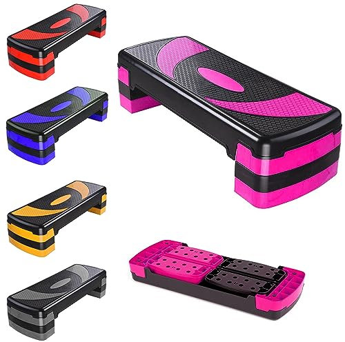 MAXSTRENGTH Aerobic Exercise Stepper 3 Height Adjustable Step Levels 10cm 15cm 20cm Suited for Cardio, Yoga, Workout Training Indoor Outdoor Fitness for Home & Gym (Pink/Black)
