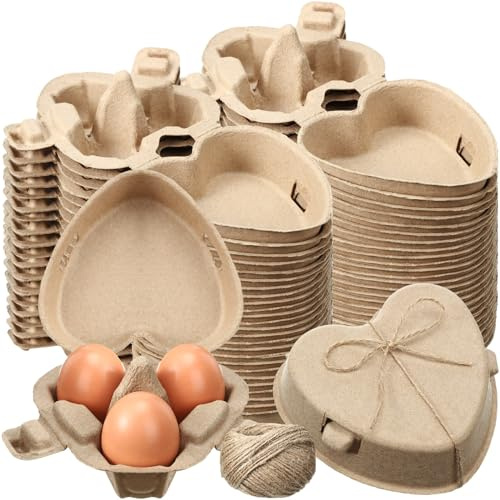 FoldTier 50 Pcs Easter Heart Shaped Eggs Cartons 3 Count Natural Paper Pulp Egg Cartons with Jute Rope Reusable Cardboard Storage Baskets Holder Tray for Kitchen Holiday Gifts Market Farm