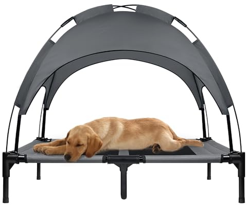 UISEBRT Cuccia Rialzata per Cani con Baldacchino e Tetto Impermeabile, Lettino da Esterni con Rete Traspirante per Campeggio, Spiaggia - Misura L, 92 x 76 x