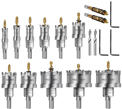 MOLLOM 11 seghe (13-54mm) Kit di seghe a tazza in carburo TCT per metalli duri. 4 punte pilota extra per acciaio inossidabile, ferro, alluminio, leghe e altri metalli