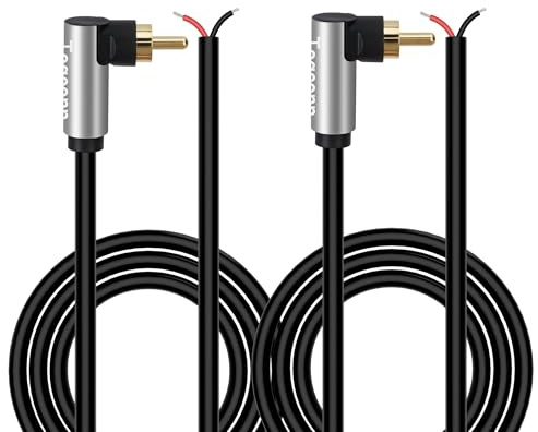90 Degree RCA to Bare Wire Speaker Cable (2 Pack 20AWG 10 feet),Replacement RCA Male Plug Jack Connector Adapter to Bare Wire Open End, RCA male to repair Audio Speaker cords, RCA pigtail cable