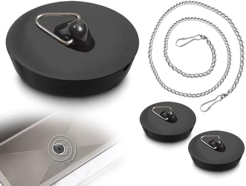 Lhbwhiz Confezione da 2 tappi di scarico, tappi per vasca, lavandino e lavello da cucina, in gomma nera, con ganci e catenella