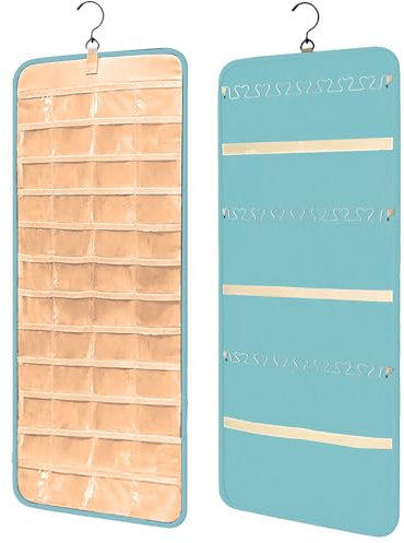 Ritte Organizador Colgante Para Joyas Doble Cara Organizador De Pendientes Colgador De Pendientes Para, con 48 Bolsillos y Ganchos (Azul)