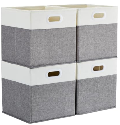 Mangata Cajas de almacenamiento de 33 x 38 x 33 cm, cestas de almacenamiento de tela para cubos de ropa, cestas, cofres, juguetes (Blanco Gris, 4 piezas)