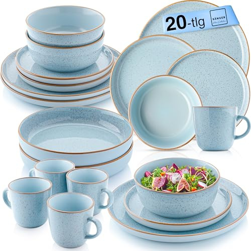 SÄNGER Rio Lagune | Kombiservice 4 Personen, Teller Set Kaffeebecher Pastaschale 20 tlg, Steingut Geschirr Set spülmaschinen- mikrowellen- kratzfest, Geschirrset aus Steingut, blau | VALUE COLLECTION