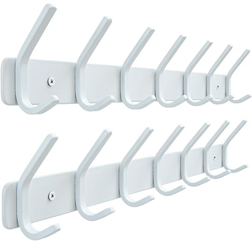 Honsky Wandgarderobe Metall-2er Set, Garderobenleiste mit 7 Doppelhaken, Wandgarderobenhaken Wandmontage für Flur Diele, 43 cm - Matt Weiß, inkl. Schrauben & Dübel