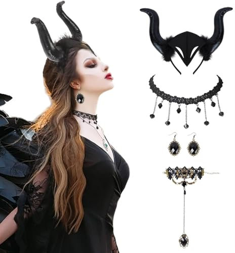 Kostüm Hexe Damen, Dark Queen Horn Headband with Gothic Lace Necklace and Earrings, Evil Maleficent Costume Accessory Set for Halloween, Carnival, Masquerade Parties, Black Devil Headpiece for Women