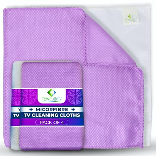 Towelogy® Microfibre TV Cleaning Cloth | Non Abrasive and Lint Free | Premium Screen Cleaner Cloths | Safe To Use On OLeds, LEDS and Flat Screens | Microfibre Cloths for TV Screens (Purple/White)