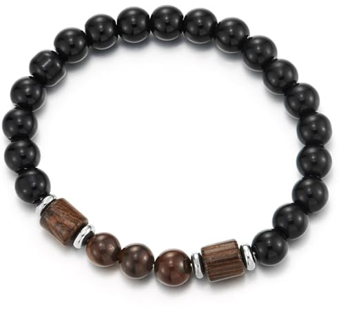 COOLSTEELANDBEYOND Hombre Negro Ónix Perlas Pulsera Brazalete con de Madera Perla, Estirable Banda, Minimalista Cotidiano Rústico Joyería