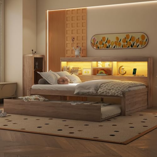 KOMHTOM Canapé-lit avec Compartiment de Rangement et Port de Charge, Lit de Jour Multifonctionnel avec lit gigogne et Lumière LED(sans Matelas) (Naturel, 90x200cm)