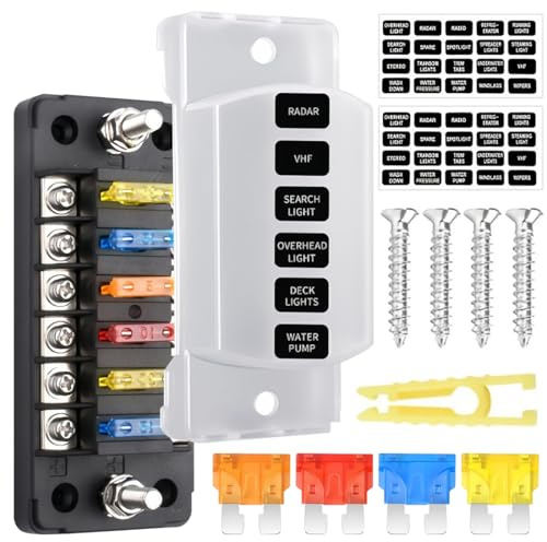 MIUUIPI 6 Fach Sicherungshalter, 12 Volt KFZ Sicherungskasten, DC 12V 100A Sicherungsblock mit 12 Sicherungen und LED-Anzeige Schutzabdeckung für Auto LKW Boot SUV Wohnmobil