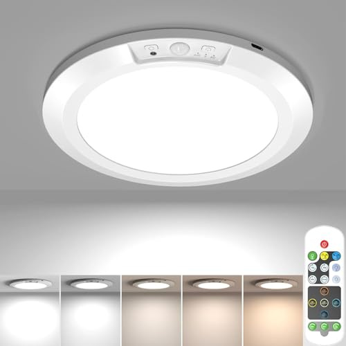 Batteridriven taklampa med rörelsesensor och fjärrkontroll, uppladdningsbar magnetisk skåplampa, 5 färgtemperaturer, justerbar timer, trapprörelse