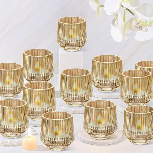 12 Pcs Votive Candle Holders, 8 x 7 cm Ribbed Glass Tea Light Candle Holder Bulk, Vintage Tealight Candles Holder for Table Centerpiece, Wedding, Christmas, Brithday, Thanksgiving Party Decor (Gold)