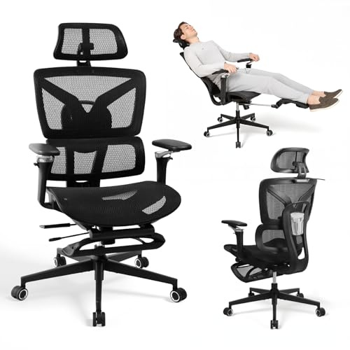 RIEIOR Ergonomisk kontorsstol med fotstöd, 5D justerbara armstöd, ländryggsstöd, stor och hög nätstol för hemmakontor eller spel, justerbar sitsdjup, S3 Elite Pro