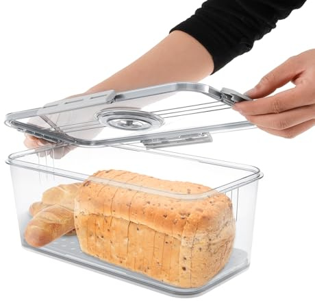 Time Recording Bread Box with Air Valve, Kitchen Counter Airtight Bread Bins with Lid, Clear Food Storage Container for Homemade Toast, Bagel, Donut, Sandwich and Cookies (Grey 32.5×17.5×11cm)