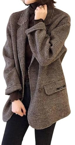 LIUYUYOUGO Abrigo De Lana Para Mujer Chaqueta Blazer De Pata De Gallo A Cuadros Para Mujer Color Marrón Estilo Vintage Con Solapa De Muesca Abrigo Cruzado De Mezcla De Lana Elegante Abrigo De Traba
