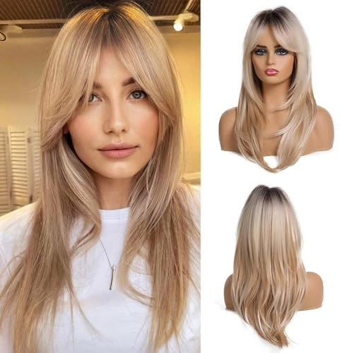 TYXHXTF 20 Pouces/50 cm Perruque Ombre Blonde pour Femmes avec Frange, Longue Layered Frange Droit Synthétique fibre Shoulder Longueur Cheveux Perruques, Verticale Naturelle avec Racines Foncées