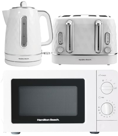 Hamilton Beach Kettle Toaster Microwave Set, Diamond, Kettle, 1.7L, Toaster 4 Slice, Microwave Oven, Standard, 20L, 700W, Kitchen Set, White - HBDIAWSM