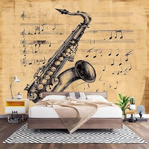 Vliestapete XXL Wandtapete 3D Effekt Wand Dekoration Handgezeichnetes Saxophon Und Musiknoten Fototapete Selbstklebend Moderne Design Vintage Braun Mustertapete Schlafzimmer Büro Flur 350x256 cm