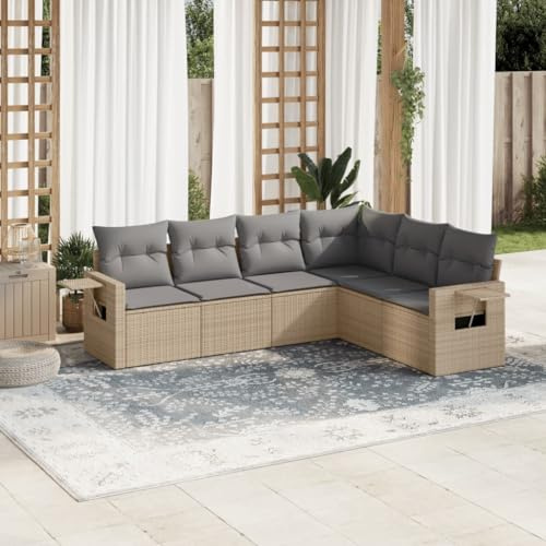 JHQHSM Set di 6 divani da giardino con cuscino, beige, polyrattan, resistente alle intemperie, con vano portaoggetti e tavoli pieghevoli, set di divani modulare in rattan sintetico PE per terrazza