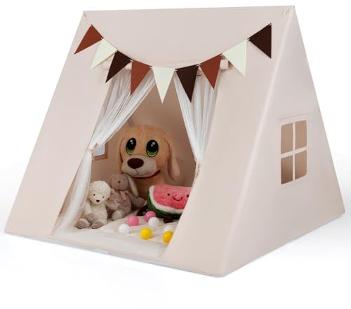 GOPLUS Tipi Zelt für Kinder, Kinderzelt Indoor mit gepolsterter Matte & Vorhängen, Tipizelt mit bunter Fahnen & Fenster, Kinderspielhaus für Jungen & Mädchen ab 3 Jahren, Kinder Leseecke