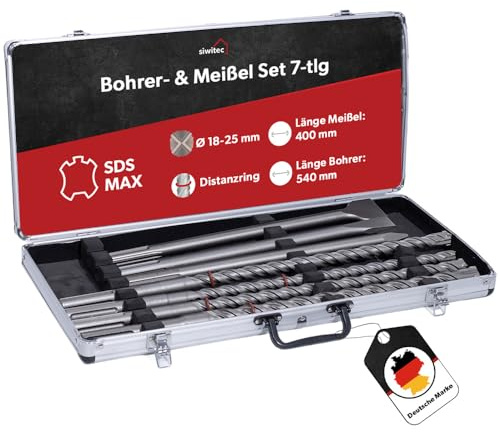 siwitec SDS MAX Bohrer- & Meißelset 7-teilig im Alu Case, 4 SDS Max Betonbohrer mit Distanzringen in verschiedenen Durchmessern, Spitzmeißel, Flachmeißel, Breitmeißel