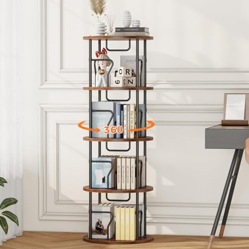 VYRIVA 4 Tier Rotating Bookshelf Tower, 360° Display Round Bookcase, Floor Standing Corner Revolving Bookshelf Organizer Storage Rack for Small Spaces, Home Study Office, Black&Brown