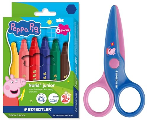 STAEDTLER Noris junior Peppa Wutz Set mit 6er Fasermaler Set und Kinderschere mit abgerundeten Spitzen für erste Bastelübungen