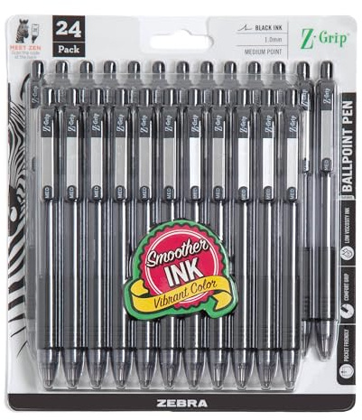Zebra Pen Z-Grip Retractable Ballpoint Pen, Smooth-Flowing Black Ink, 1.0mm Medium Point, School & Office Supplies, Ideal for Note-Taking, Journal and Planner Use, 24-Pack (12221)