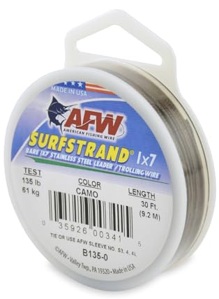 American Fishing Wire Surfstrand, Bare 1x7 Stainless Steel Leader Wire, 135 lb Test, 0.027 Diameter, Camo, 30 ft