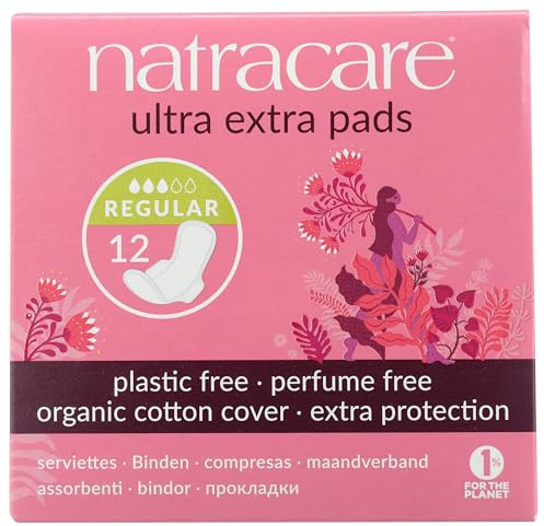 Natracare Ultra Extra Pads with Wings, Regular, Individually Wrapped, Made with Certified Organic Cotton, Ecologically Certified Cellulose Pulp and Plant Starch (1 Pack, 12 Pads Total)