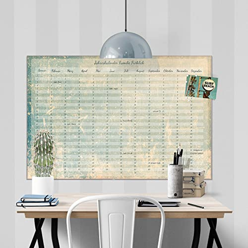 banjado® Wandkalender abwischbar aus Glas 60x40 cm/Jahresplaner abwischbar mit Motiv Shabby Wall/langlebiger Jahreskalender, Urlaubsplaner & Familienplaner abwischbar