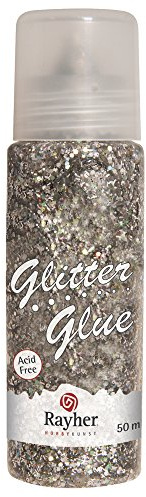 Rayher Glitter-Glue, grob, silber, Flasche mit feiner Dosierspitze, 50 ml, Glitzerkleber zum Basteln und Dekorieren, 30187606